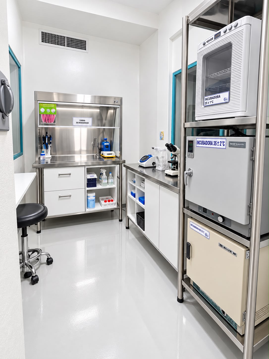 Cabina de bioseguridad, microscopio e incubadoras del laboratorio de la planta.