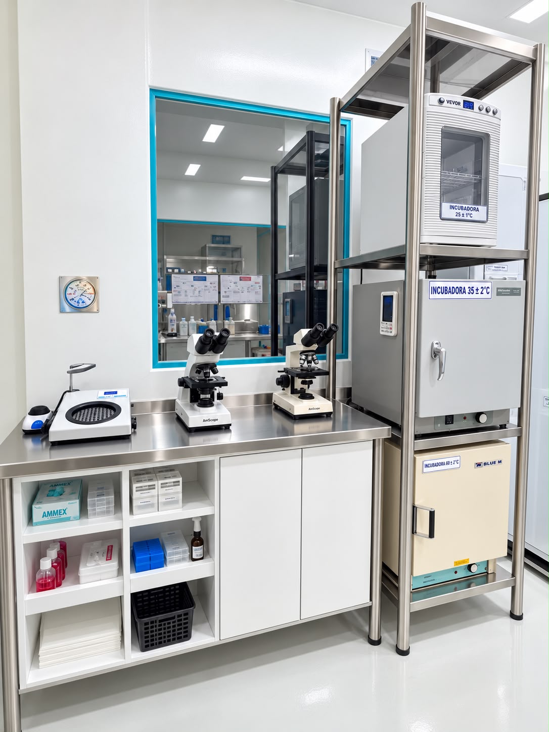 Microscopios e incubadoras sobre mesas de trabajo del laboratorio.