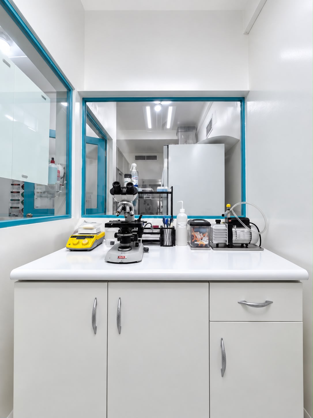 Mesa de trabajo del laboratorio con microscopio y equipos de análisis.