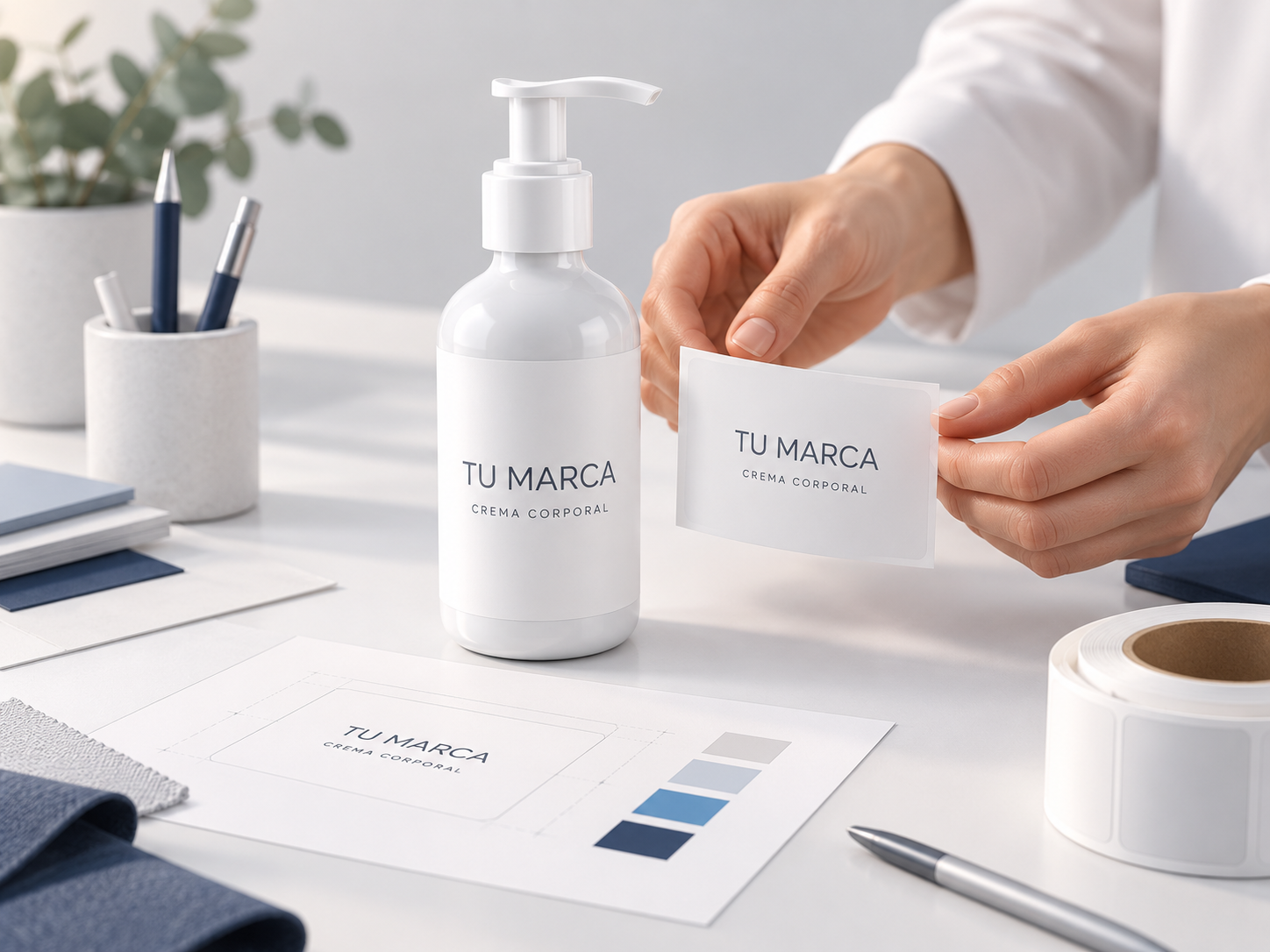 Diseño y etiquetado de un envase con TU MARCA y CREMA CORPORAL.